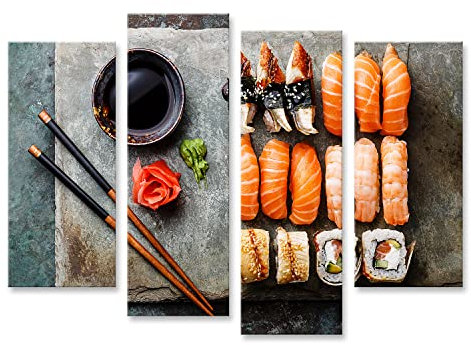 islandburner Bild auf Leinwand Sushi Rollen Set Stein Schiefer serviert Grau Metall Bilder Wandbilder Poster GMHA-4erP