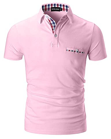 STTLZMC Mode Polo Homme Manche Courte Golf Poloshirt Casual Col Contrasté Tops Rose XXL