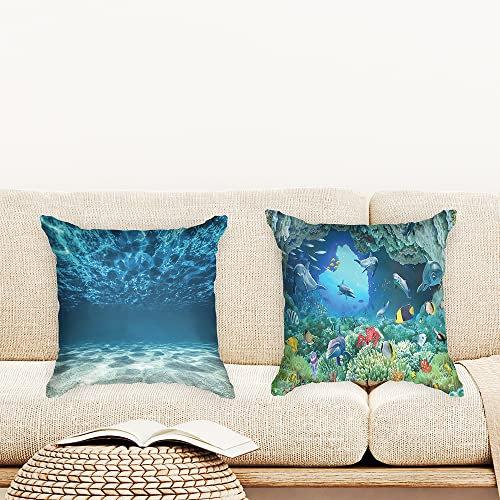 Ulticool - Kissenhülle - Ozean Meer Stille Frieden Tauchen Aquarium Strand - Set von 2 Motiven – 45 cm x 45 cm - Dekokissen ohne Füllung - Kissenbezug Zubehör für Sofa/Bett - Blau