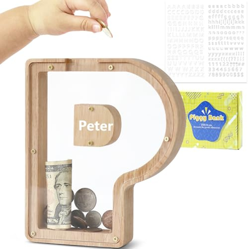 DBPBToU Spardose Kinder Holz Buchstaben Spardose (P) | Personalisiert Sparschwein Kinder,Durchsichtiges, Geburtstag Geschenk/Heimdekoration/Keepsake