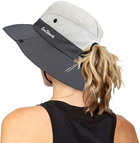 Chapeau de pêche de plage pliable de protection UV pour femme en maille à large bord avec trou de queue de cheval, Taille Unique