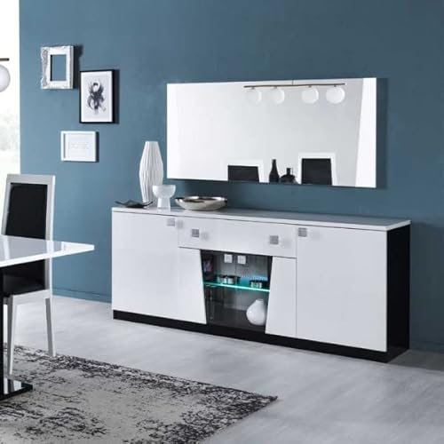 Buffet 4 portes Laqué blanc et noir brillant à Leds - LASINA - L 190 x l 47 x H 81 cm
