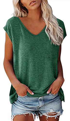 T Shirt Damen V Ausschnitt- Frauen Cap Sleeve Sommer Casual Tops V-Ausschnitt Einfarbig Casual Shirts Loose Fit Bluse