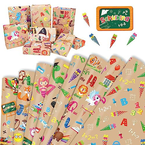 HOWAF 8 Schulanfang Geschenkpapier Kinder, Geschenkpapier Einschulung Geschenkpapier Schuleinführung Schulkind ABC Schultüte Schulanfang Deko Geschenkverpackung Geschenk Einschulung Deko Junge Mädchen