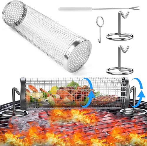 Grilling Basket, 360 Degree Rolling BBQ Grill Baskets, Stainless Steel BBQ Baskets for Camping, BBQ Accessories Barbecue Rack for Vegetables, Gifts for Mens (11.8inch)