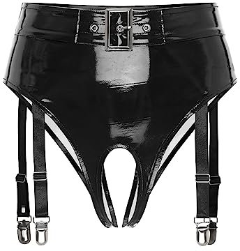 TiaoBug Damen Lack Leder Hot Pants High Waist Ouvert-Slip Bikini Hose Hipster Mini Slip mit Rüschen mit Strumpfhalter Gothic GoGo Outfits Kostüm Schwarz Brasilien 4XL