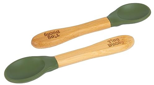 Tiny Dining 2X Verde Oliva 14cm Niños Bambú Cuchara con Punta de Silicona - Cubiertos de Alimentación para Bebés - Child & Niño Pequeño Destete Vajilla - Respetuoso del Medio Ambiente