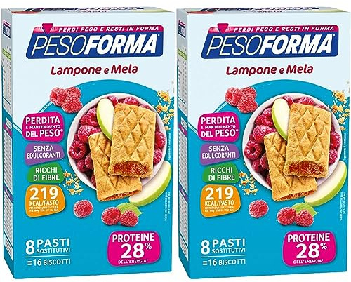 Pesoforma Biscotti Lampone e Mela, Pasto sostitutivo proteico, Per rimettersi in forma con gusto, Solo 219 calorie, Nuovo formato, 16 biscotti, 8 pasti sostitutivi (Confezione da 2)