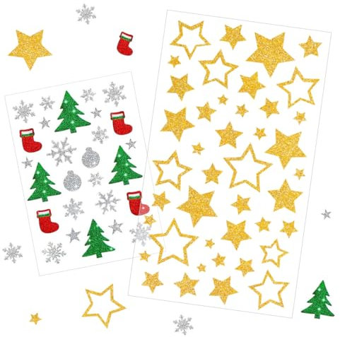 Bluelves Weihnachts Sticker,10pcs Gold Stern Weihnachtsbaum Sticker,Selbstklebende Weihnachtsdeko,Glitzer Gold Weihnachtsbaum Sterne Schneeflocken Aufkleber für Weihnachtliche Bastelarbeiten und Deko