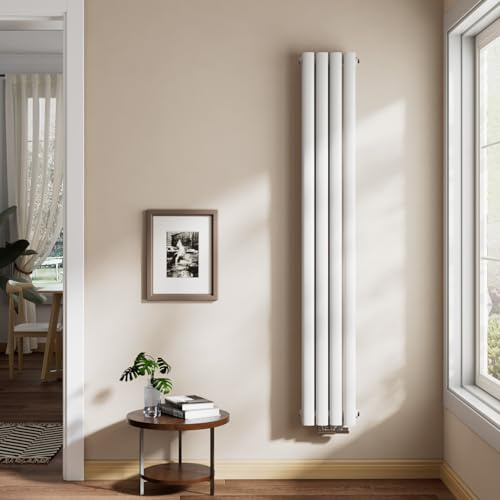 EMKE Ovaler Design Heizkörper 1600x240mm, Schmal Hoch Röhrenheizkörper mit Mittelanschluss Doppellagig Heizung Weiß 775W