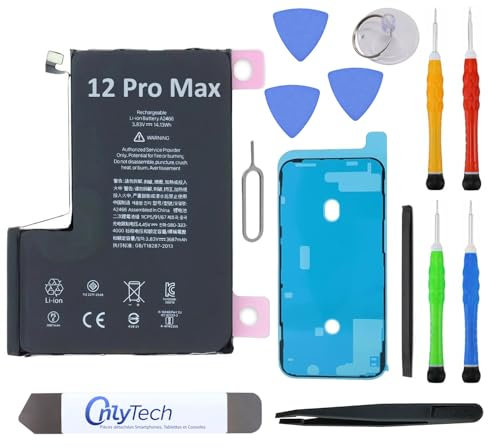 OnlyTech Batteria di ricambio premium per iPhone 12 Pro Max - 3687 mAh, identico all'originale, kit 12 strumenti professionali e adesivo schermo inclusi