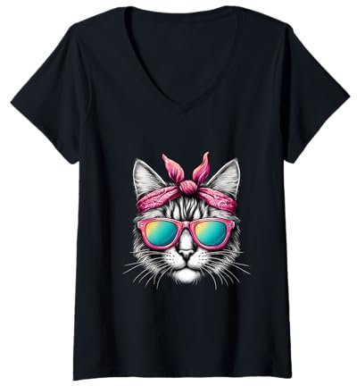 Damen Katze trägt ein rosa Bandana-Stirnband und Sonnenbrille T-Shirt mit V-Ausschnitt