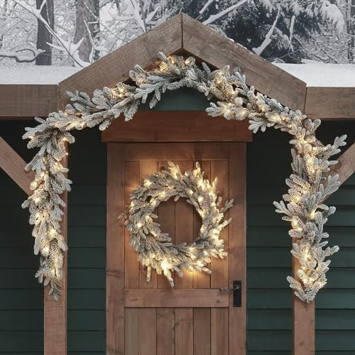 Lights4fun 3-in-1 Weihnachtsdeko Set LED beleuchtet Künstliche Girlande Weihnachtskranz beleuchtet Weihnachtsgirlande Außen Deko Weihnachten