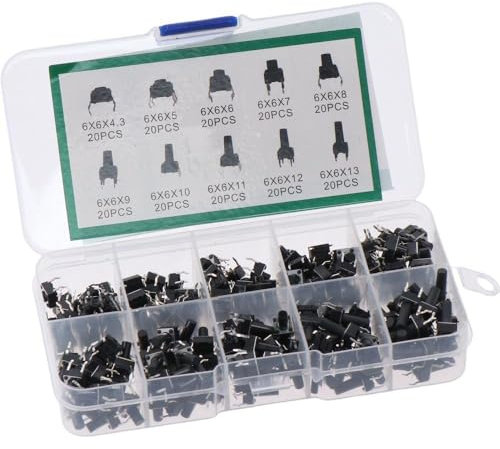SHUATI 200Pcs Tactile Push Button, Micro Momentary Switch, Mini 6x6mm Pushbutton Switches, 4 pin Touch Switch Assortment Kit for Breadboard Arduino PCB