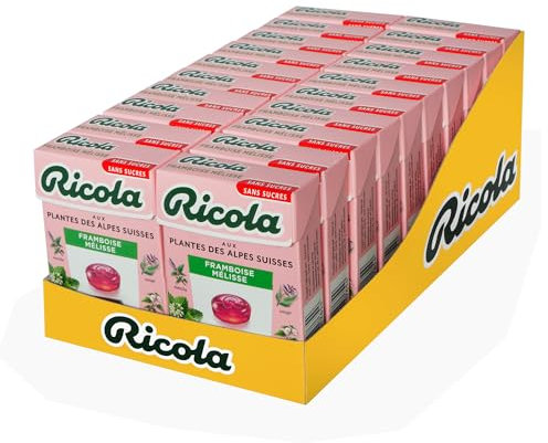 Ricola - 20 paquetes de 50 g - Caramelos con plantas suizas - Frambuesa Melissa - Refrescante - Sin azúcar -
