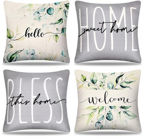 DakTou 4er Set Kissenbezüge 45 x 45 cm Grüne Eukalyptus Blättern Outdoor Kissen Kissenhülle Leinen Moderne Grau Sofakissen Dekokissen Home Bless Frühling Sommer Quadratische für Sofa Garten