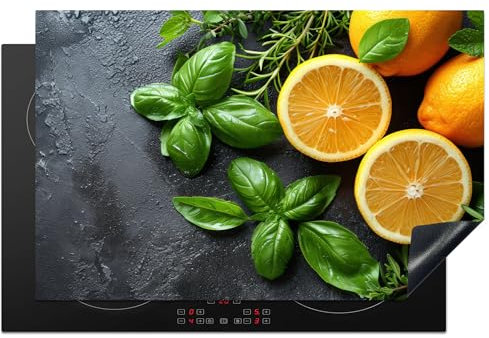 KitchenYeah© Herdabdeckplatte Einteilig Induktionsmatte Küche Abdeckung Ceranfeld Herd Abdeckplatte Deko Vinyl Matte Aufrollbar Obst - Grau - Konkret - Orange - Pflanzen - 80x52 cm