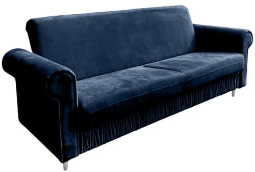 Ares Meble Sofa Karen - Sofa 3 Sitzer - Schlafsofa mit Bettkasten - Couch Schlaffunktion - Wohnzimmer Möbel - Samt - Dunkelblau - Beine Weiß