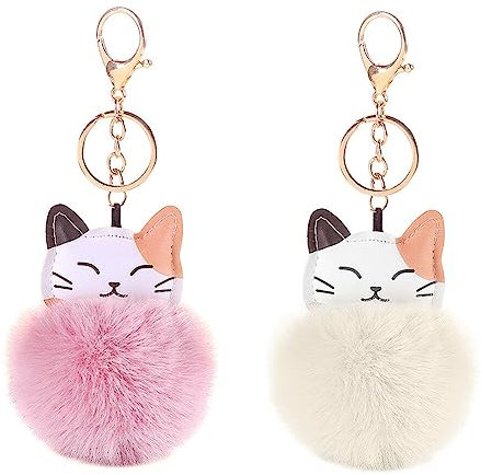 JAWSEU Porte-clés Chat Pompon Pendentif Mignon Peluche en PU Cuir Doux Boule De Fourrure Voiture Décoration pour Sac à Main Sac à Dos Rose Blanc