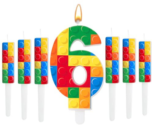7 Pcs Building Block Themed Birthday Candles Set Building Blocks Number 6 Candle Cake Topper for Building Block Party Decoration Supplies (Number 6)