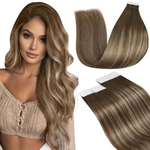 LaaVoo Tape Extensions Echthaar Balayage Braun Echthaar Extensions Tape Remy Haar Hellbraun Ombre Goldene Blondine Hellbraun Tape in Haarverlängerung Echthaar Glatt #8/16/8 30cm 20pcs 30g