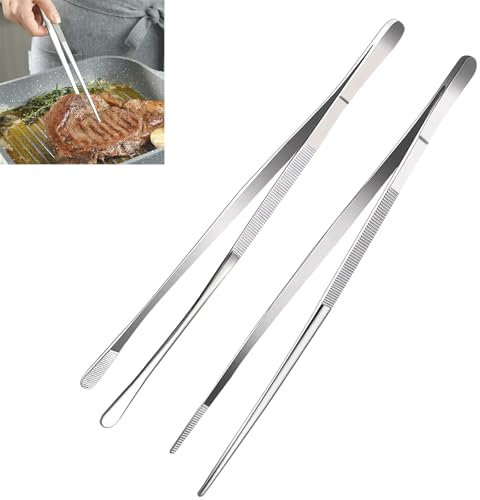 2 Piezas Pinzas de Acero Inoxidable, 30cm Pinzas Grill, Pinzas de Cocina Profesionales, Pinzas Carne, Pinzas Alimentos Puntiagudas y Redondas, para Cocinar, Reparar, Mariscos, Asar Parrilla, Barbacoa