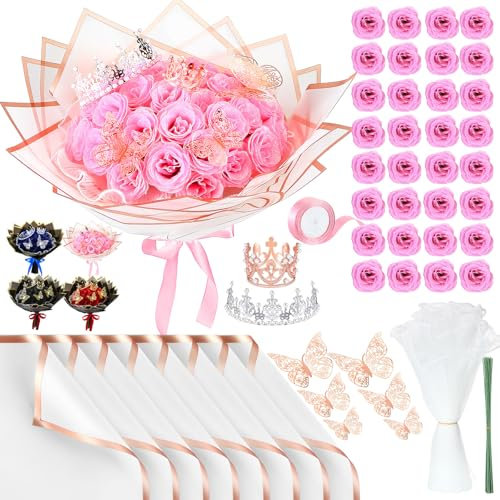 Thiccywoov 36 Pcs Thanksgiving Day Glitter Roses Bouquet Gifts Artificial Rose DIY Flower Bouquet Kit Birthday Gifts Flower Wrapping Paper 3D Butterflies Crowns for Anniversary (Pink)