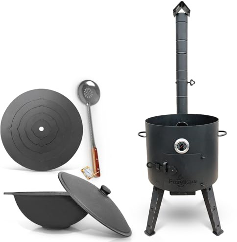 Feuerofen Ø 44 сm Thermometer Herdplatte 5 Ringe 48 cm Gusseisen Kazan flacher Boden Deckel Ø 46,5 cm(16 L) Schaumlöffel 48cm (Set - 517)