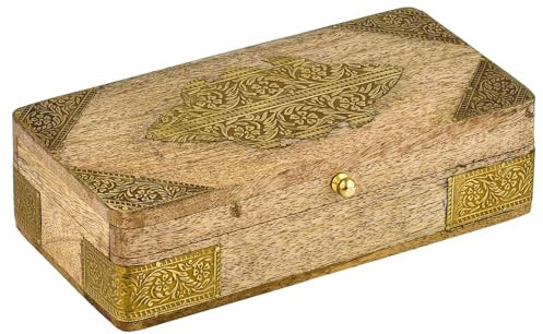 Marrakech Caja de almacenamiento con tapa de madera Hayah 20 cm grande | Joyero decorativo bohemio para guardar joyas | Caja de madera maciza con incrustaciones de latón Ideal como caja de regalo