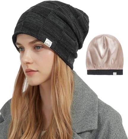 Hat Hut Demen Beanie Satin Gefütterte Wintermütze Strickmütze für Haar, Warme Satin Lined Beanie Mütze Slouchy Beanie Ski Hat Unisex