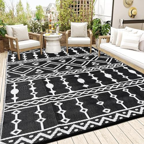 GarveeLife Waterproof Outdoor Rug, 9x12ft Plastic Straw Rug for RV Camping Rug, Plastic Straw Rug Outside Indoor Outdoor Area Rug for Patios, RV, Porch, Balcony, and Deck, Black & White