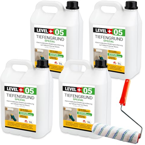 LEVEL PLUS 05 djupbotten speciell 20 l, silikatprimer med kalivattenglas, reaktiv primer för balkonger, källare, terrasser färgroller mikrofiber, 25 cm med bygelset
