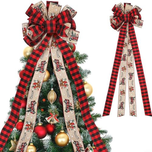 Emiif Fiocco per puntale dell'albero di Natale, fiocco rosso nero a quadri con motivo camion bianco, grande decorazione festiva, 140 x 32 cm, decorazione per la