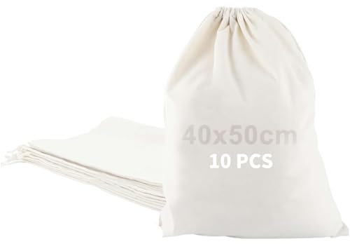 10 Stück Stoffbeutel Mit Kordelzug, 40x50cm Cremefarben Turnbeutel Baumwolle für Aufbewahrung, Groß Stoffbeutel Baumwollbeutel für Gastgeschenk Weihnachten Hochzeit