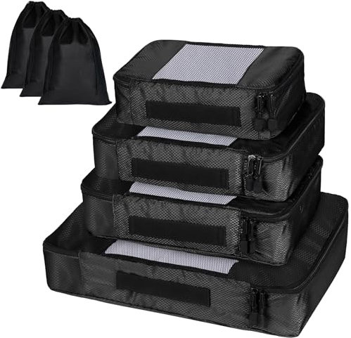 Coolzon Packing Cubes 7 Sets Organizador Maleta, Bolsa de Almacenamiento de Viaje Organizador Equipaje Organizador de Compresión Zapatos, Negro