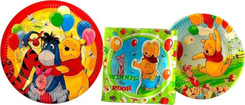 Disney Set 18 Piatti di Carta Winnie The Pooh (10 Piatti da 23 cm + 8 da 20 cm) + 20 Tovaglioli per Festa Compleanno Party