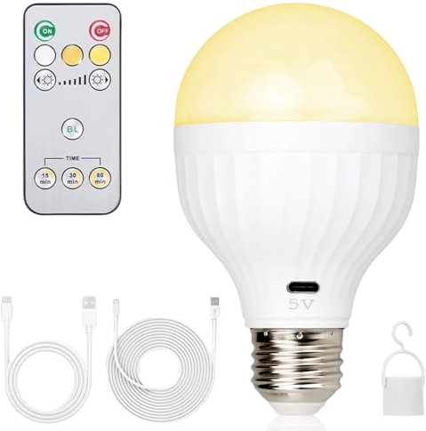 Asfrode Ampoule LED rechargeable E27 avec batterie, 5 W 2600 mAh, batterie rechargeable avec télécommande, 3 couleurs, fonction de minuterie à intensité variable, batterie USB-C, ampoule de camping,