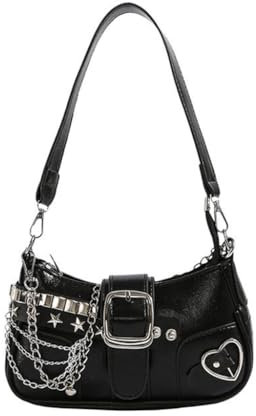 YUGSHNKFC Punk PU Leder Single Umhängetasche mit Kette für Frauen Grunge Star Nieten Unterarm Geldbörse Handtasche Reißverschluss Achseltasche, Schwarz