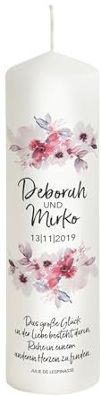 Liamoria® Hochzeitskerze Blumen mit Namen, Datum und Spruch - Modell Deborah - Personalisiertes Hochzeitsgeschenk (25 x 8 cm)