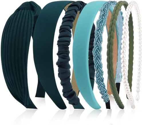 Kotkiddy 7 Stück Haarreifen Set Damen, verschiedene Modelle, Perlen Stirnbänder, Stirnbänd Kunststoff Haarreif Stirnbänder Haarband für Mädchen Damen(Dunkelgrün)