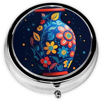 Pill Box 3 Compartment with Mirror Blue Flower Vase Tablet Box Small Pill Organiser for Purse & Pocket Vitamin Organiser