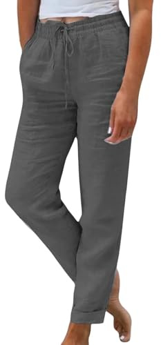 Generisch Damen Leinenhose Sommer 2025 Hose Casual Leinen Leicht Hosen Leinenhose Freizeithose Hose Elastisch Hohe Taille Einfarbig Weites Bein Lockere Hose Knopfleiste Hose Damen Schwarz One Size