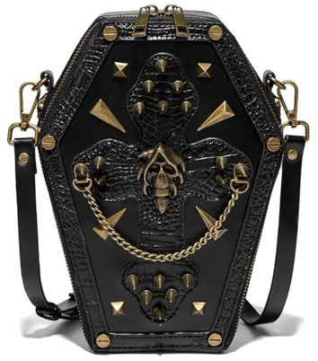 Generisch Gothic Handtasche, Vintage Kunstleder, Totenkopf-Design, Multifunktionale Umhängetasche mit Steampunk-Uhr-Motiv, Abnehmbarer Schultergurt, Schwarz (Nietenkette Totenkopf Design)