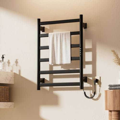 SKYLYZH Scaldasalviette Elettrico Bagno, Termoarredo Elettrico Bagno Nero, 500×700mm, 175W, Termosifone Elettrico da Parete, con Timer 1-9 Ore, 30-70℃, Asciugatura Rapida-R311 Black Right