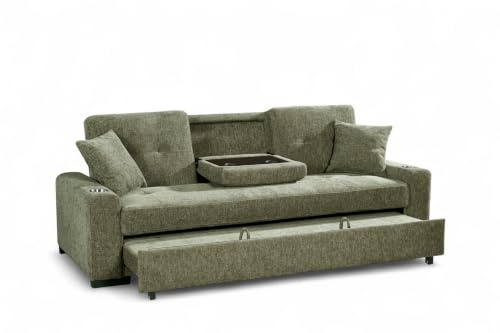3 Seater Pull Out Sofa Bed Double with Cup Holders CHARLES - Green Click Clack Sofa Bed for Adults in Durable Textured Chenille Fabric with Drop Table and Accent Pillows, 184 x 160 Sleeping Area