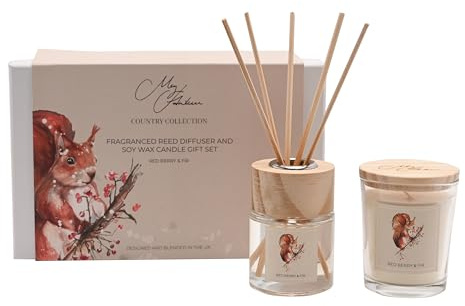 Widdop Meg Hawkins Eichhörnchen Kerze & Diffusor Geschenkset - Woodland Mini Kerze mit Schilf Diffusor - Rote Beere & Tanne Duft - Rustikale Landhausstil Home Fragrance Geschenkbox