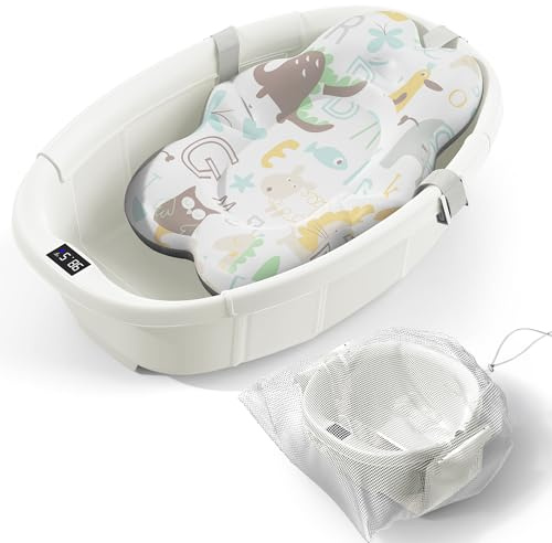 Faltbare Babybadewanne – Babybadewanne mit Thermometer & Kissen | Tragbare Reisebadewanne für Neugeborene | Faltbare Kleinkind-Badewanne für Baby
