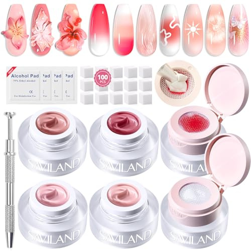 SAVILAND Pat Painting Gel Nagellack Set: 6 Farben Weiß Pfirsich Rosa Cushion Ombre Gel Nail Polish mit Nagelschwämmen und Applikatorstift zum Malen von Farbverläufen und Rouge Nägeln