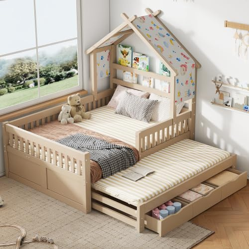 Merax Holzplattformbett 140x200 cm Hausförmig mit Ausziehbett, 3 Schubladen und Sicherheitsgittern – Creamfarbenes Kinderbett für Jungen und Mädchen