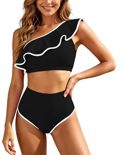 CEWIFO Costume da Nuoto Donna Gare Swimwears Tankinis Set Abito da Spiaggia Elegante con Toppa in Pizzo sulle Spalle e Balze Frontali Pezzo Unico Perfetto per Vacanze estive e Resort (Black, XL)